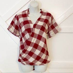 Floreiza Plaid Printed Surplice Blouse Red Sz M